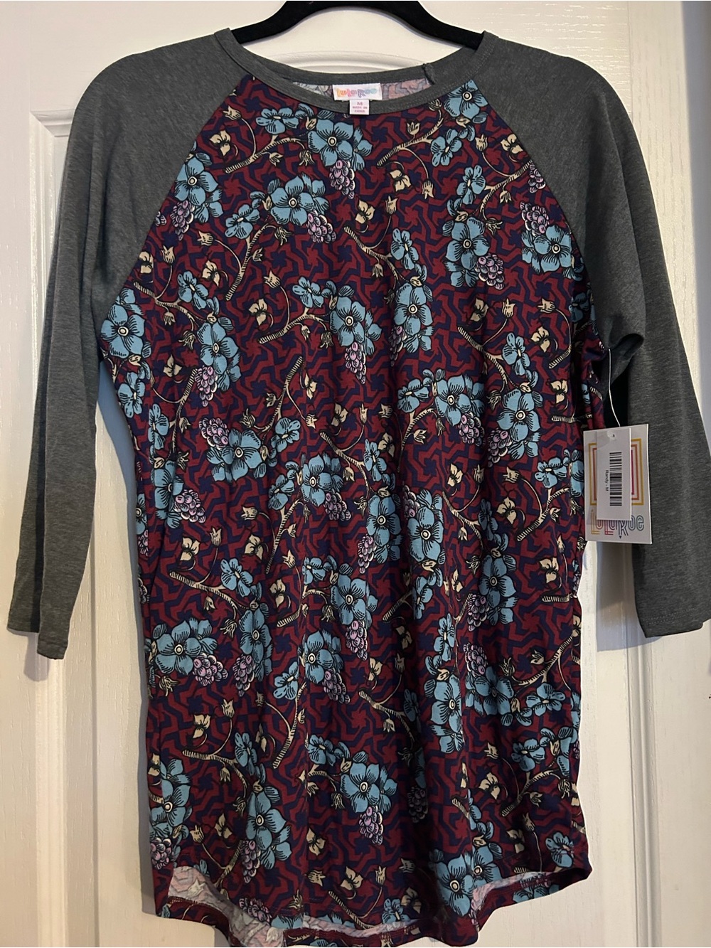 LuLaRoe Randy Maroon Blue Floral Grape Raglan Medium Fall